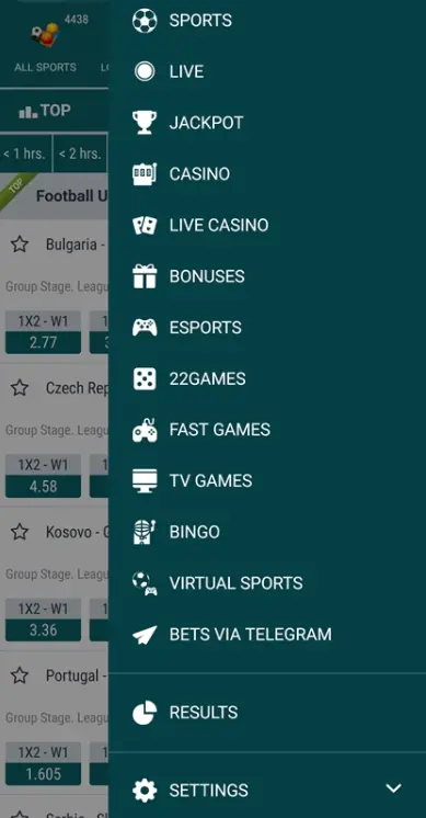 22Bet Android App Menu