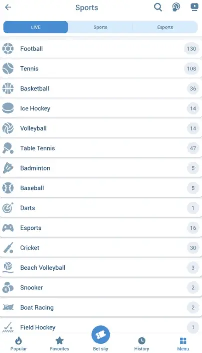 Sport in 1xBet Android App Sport in 1xBet Android App